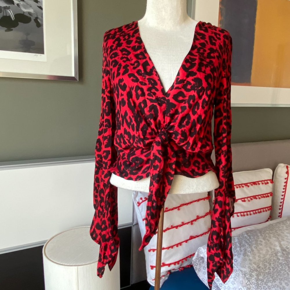 Olivaceous Red Leopard Print Blouse Front Bow Ties Flowy Sleeves SMALL - D1085